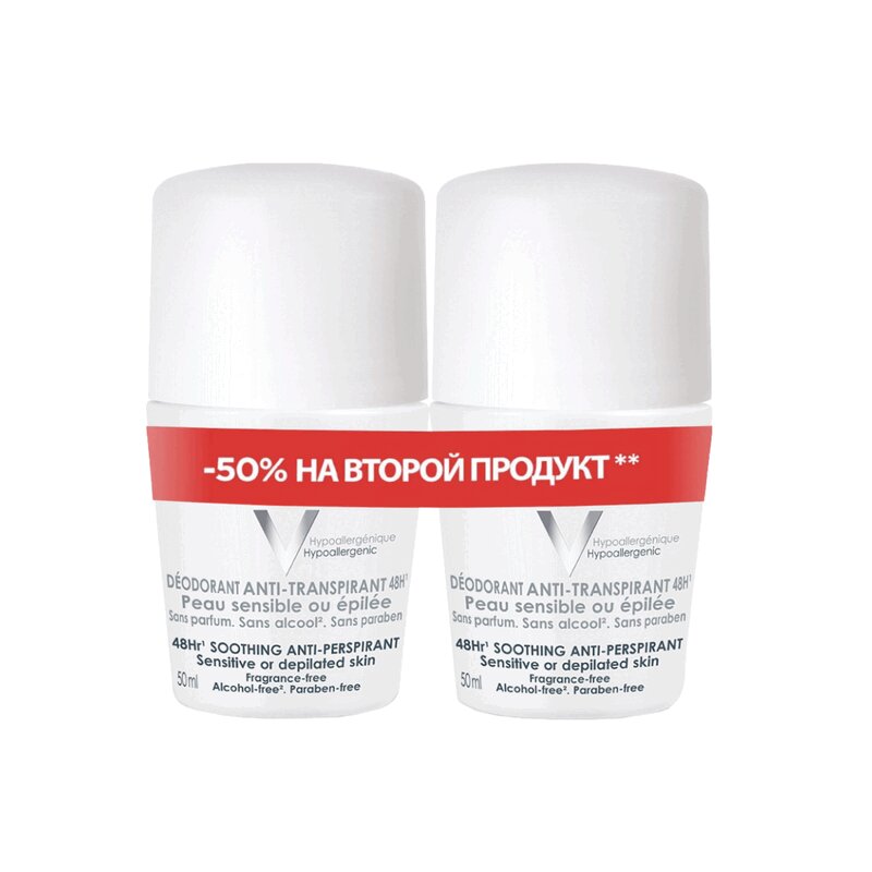 Vichy Дезодорант-шарик 48ч для чувствительной кожи 50 мл 2 шт скидка 50% на второй продукт vichy дезодорант шарик регулирующий 50 мл 2 шт скидка 50% на второй продукт