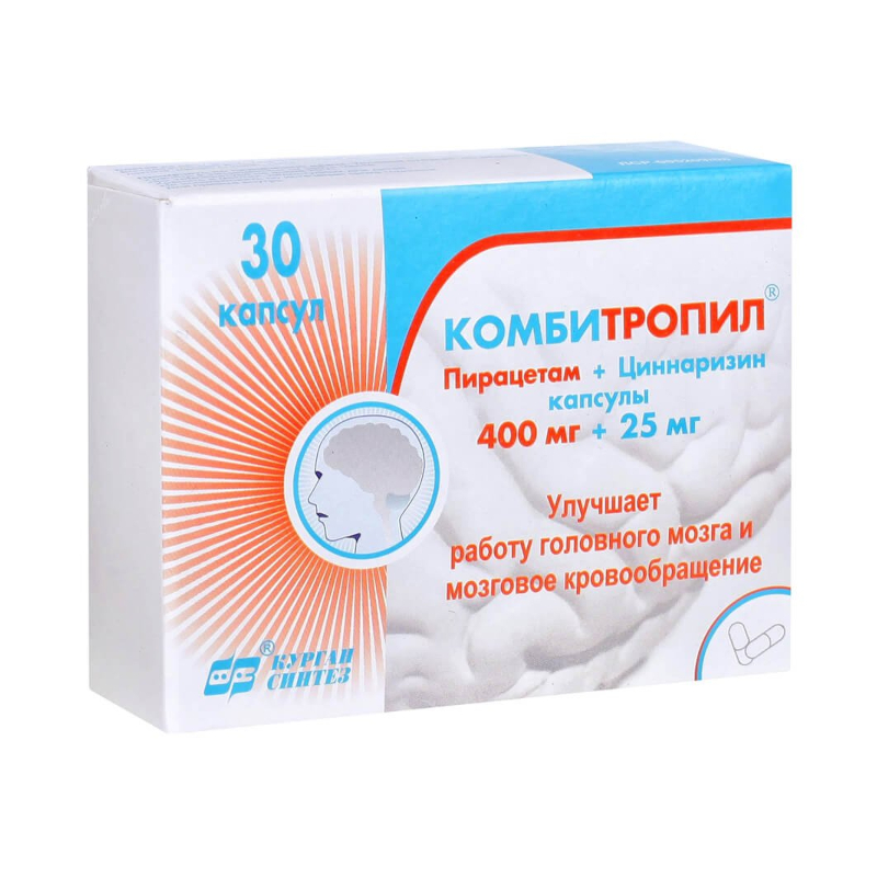 Изображение товара Комбитропил 400 мг + 25 мг капсулы 30 шт - лечение нарушений мозга, инфарктов, мигрени
