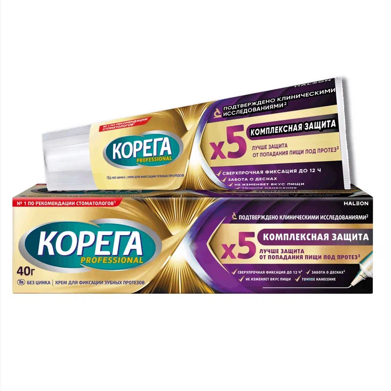 Изображение товара Корега Professional Комплексная защита Крем для фиксации зубных протезов 40 г Изображение товара Корега Professional Комплексная защита Крем для фиксации зубных протезов 40 г