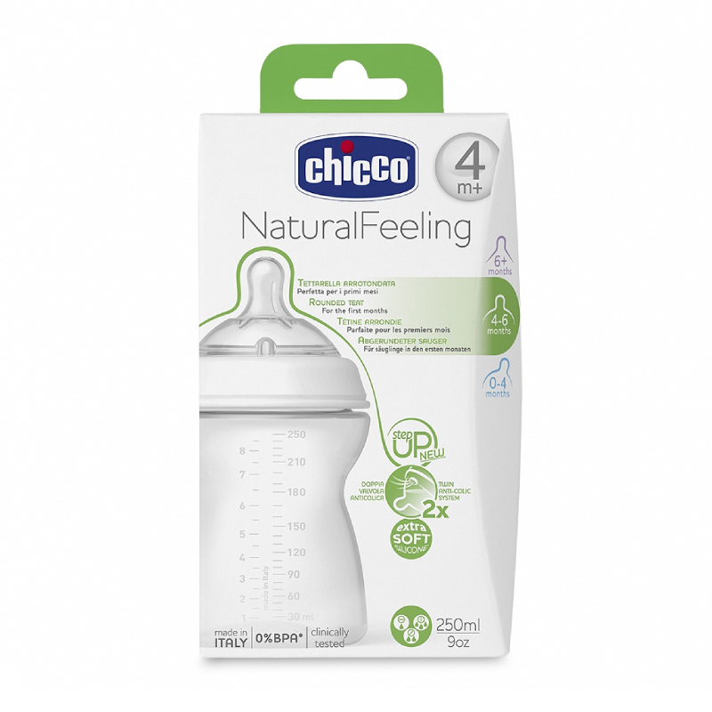 

Chicco Natural Feeling Бутылочка с силиконовой соской с наклоном и флексорами 4+ 250 мл