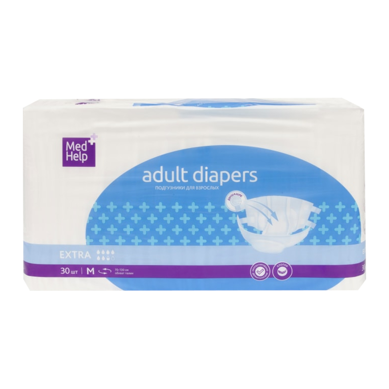Изображение товара МедХелп Подгузники для взрослых M 30 шт высокая впитываемость Россия