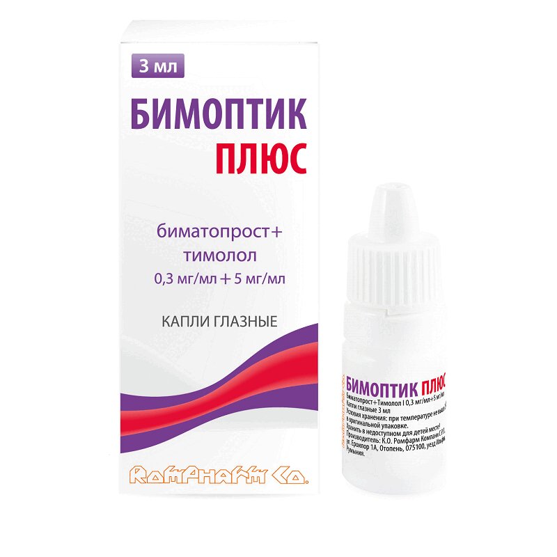 Изображение товара Капли глазные Бимоптик Плюс 0,3 мг/мл + 5 мг/мл 3 мл для снижения давления