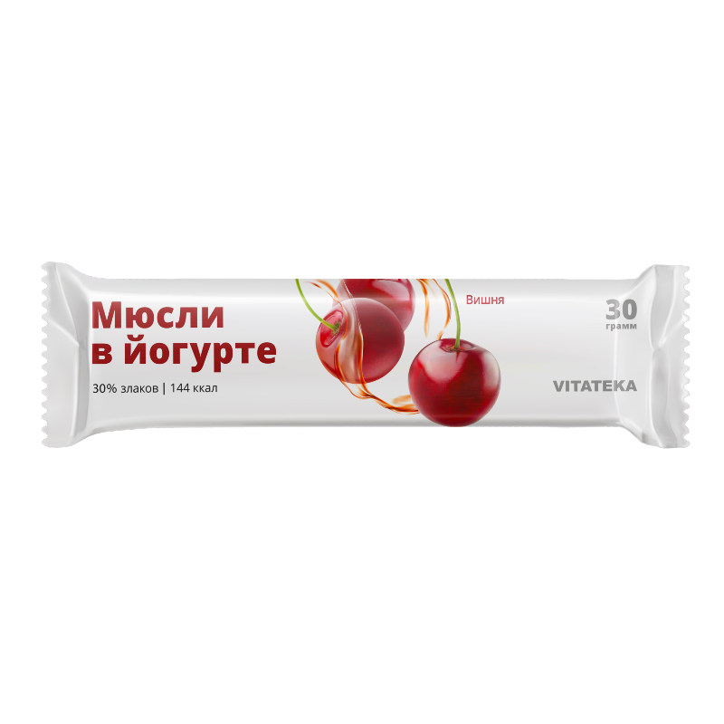 Изображение товара ВитаТека Баточник мюсли в йогурте Вишня 30 г - полезный батончик с злаками и ягодами