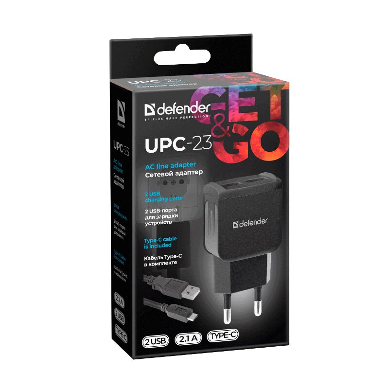 

Дефендер Устройство зарядное сетевое UPC-23, 2xUSB, 2.1А output, кабель Type-C в комп. черный