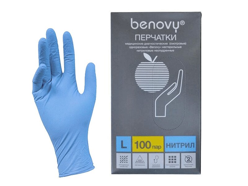

Бенови Перчатки медицинские диагностические одноразовые н/с нитриловые неопудренные р.L №100 голубые