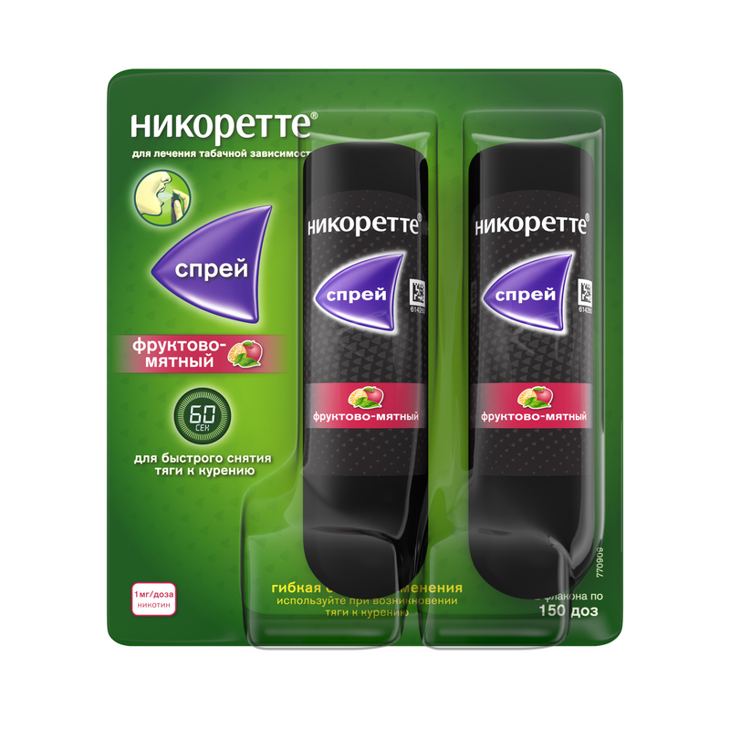 

Никоретте 1 мг/доза спрей Фрукты-Мята 150 доз 13,2 мл 2 шт
