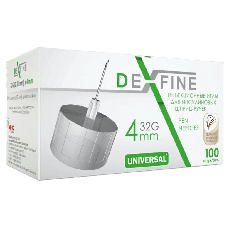 Изображение товара Иглы для шприц-ручек 32G 0,23х4мм DEXFINE, 100 шт — универсальные стерильные иглы для инсулина