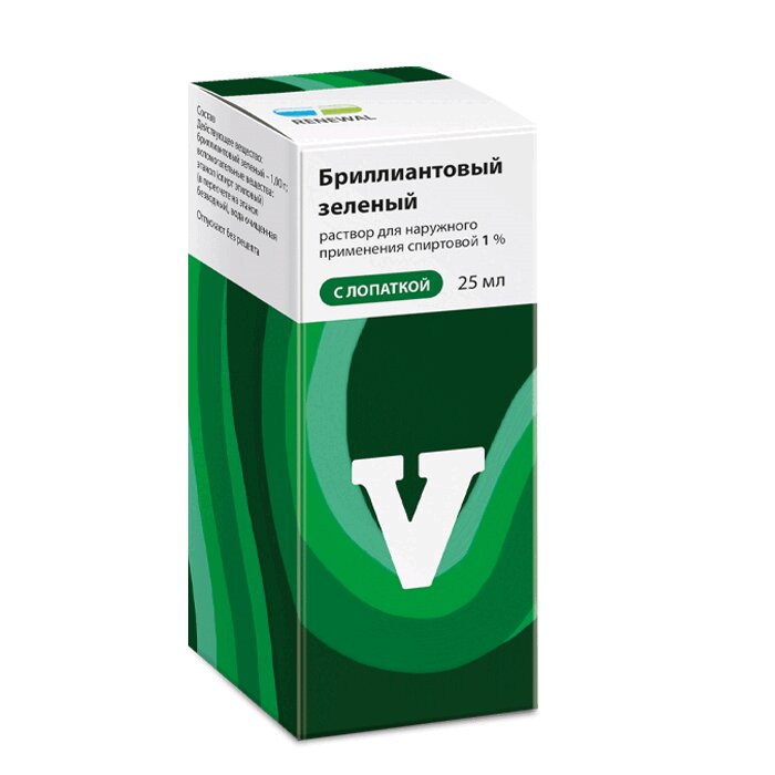 

Бриллиантовый зеленый 1% раствор для наружного применения спиртовой с лопаткой 25 мл