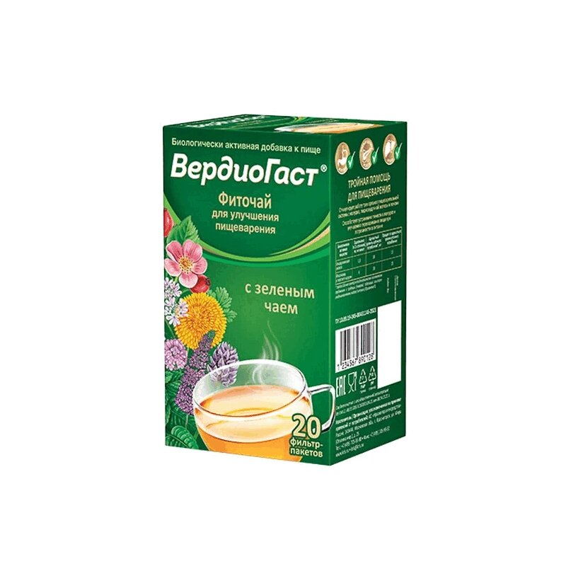 ВердиоГаст фиочай для улучшения пищеварения с зеленым чаем 1,5 г 20 шт вердиогаст фиточай д пищеварения с зеленым чаем ф п 1 5г 20