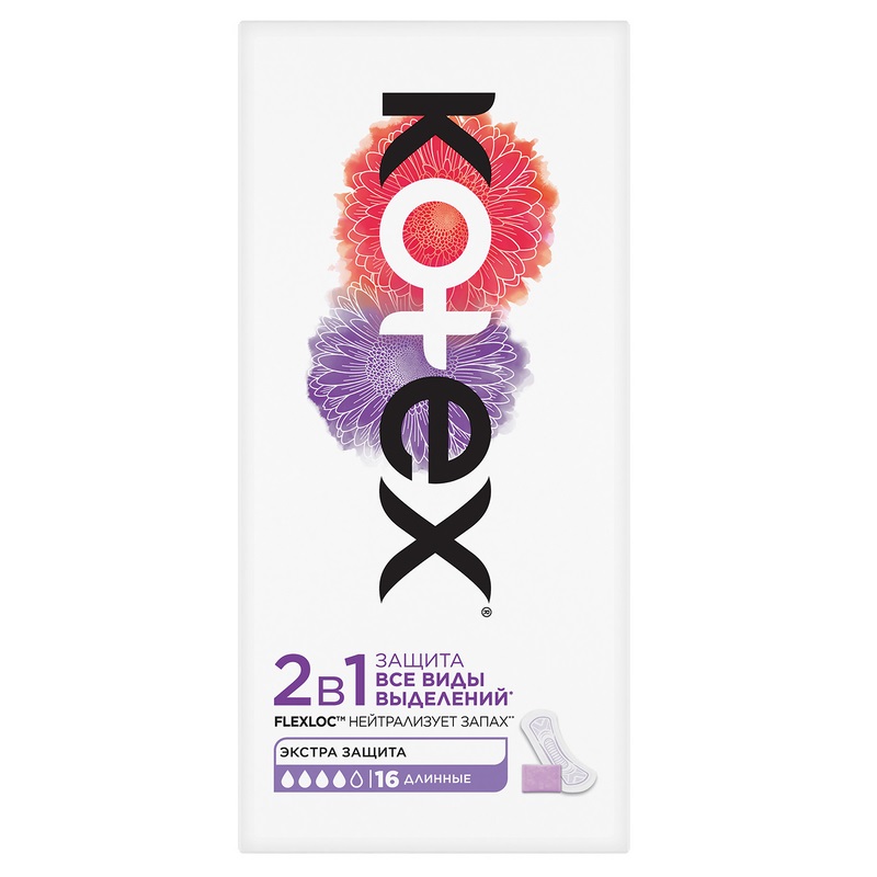 

Kotex 2в1 Прокладки ежедневные Экстра защита длинные 16 шт