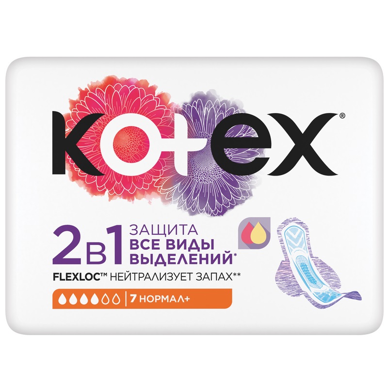 

Kotex 2в1 Прокладки гигиенические Нормал Плюс 7 шт