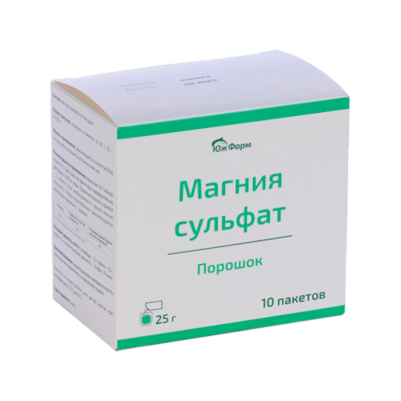 

Магния сульфат порошок для приготовления раствора для приема внутрь 25 г 10 шт