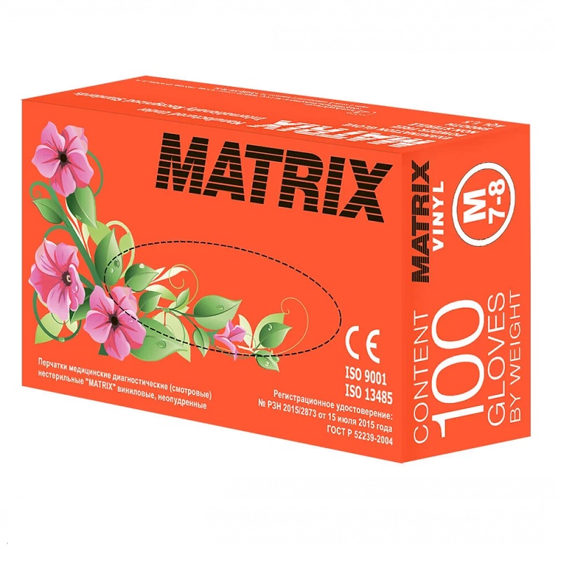 

Matrix Перчатки смотровые винил н/стер.н/опудр р. М (7-8) 50 шт пар