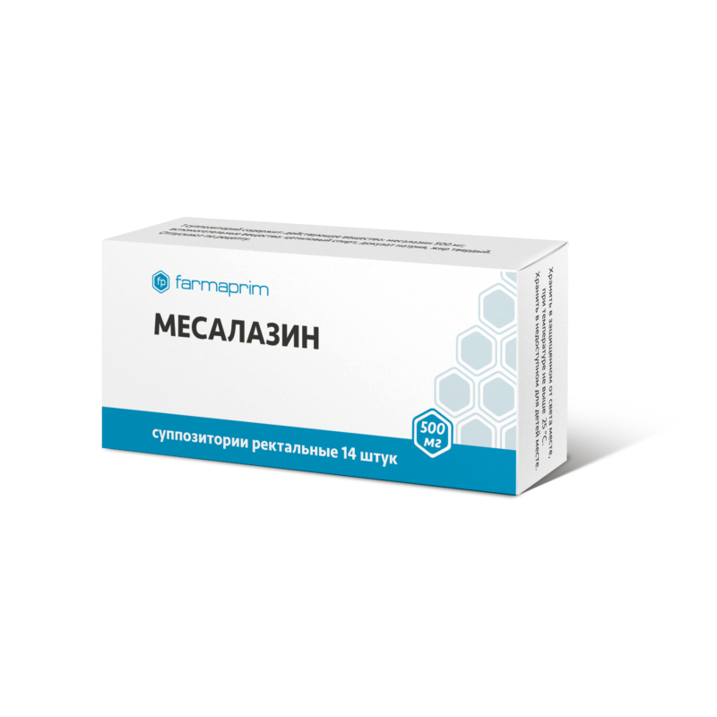 Изображение товара Месалазин 500 мг суппозитории ректальные 14 шт для лечения кишечных воспалений