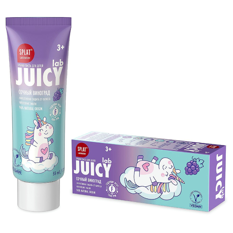 

Splat Juicy Lab Зубная паста с фтором для детей от 3 лет против кариеса и зубного налета Спелый виноград 55 мл
