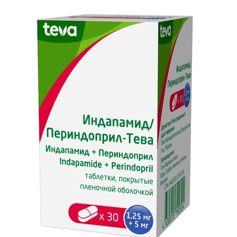 Изображение товара Индапамид / Периндоприл-Тева 1,25 мг + 5 мг таблетки 30 шт для гипертензии и сердечно-сосудистых за