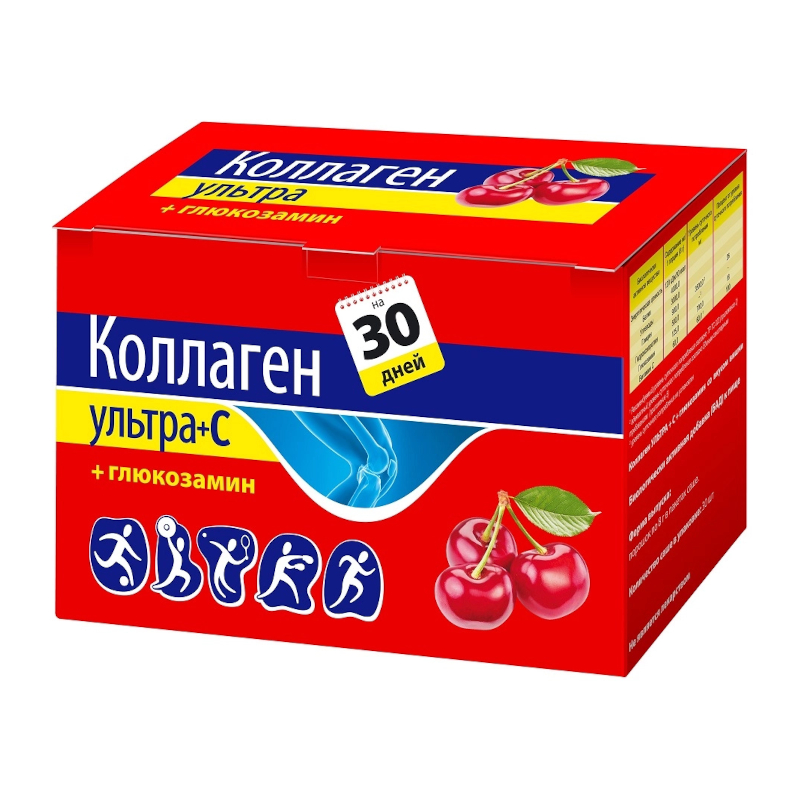 

Коллаген Ультра+С плюс глюкозамин порошок для приготовления раствора Вишня 8 г 30 шт