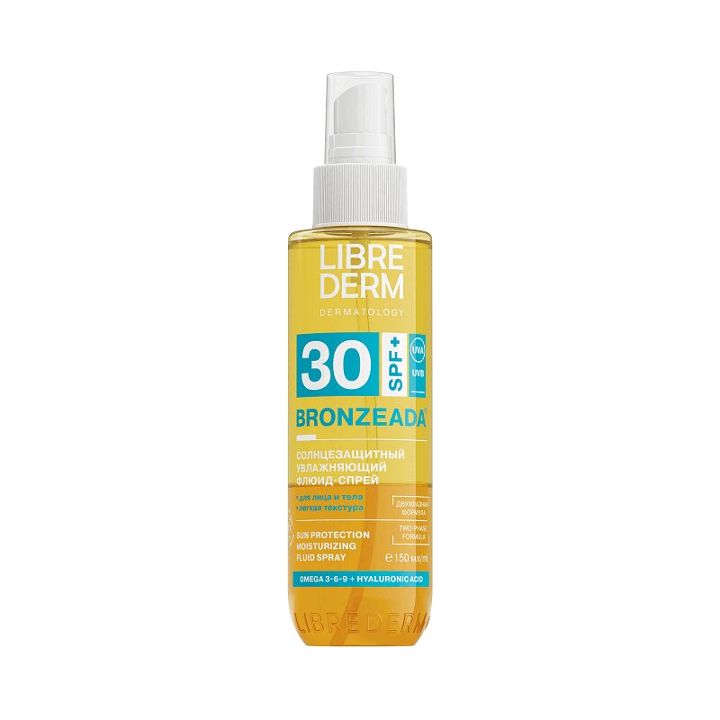 Librederm Бронзиада флюид-спрей солнцезащитный увлажняющий двухфазный SPF30 150 мл масло спрей для пляжных волн soleil