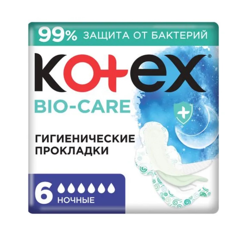Изображение товара Прокладки ночные Kotex Bio-Care 6 шт с антибактериальным контролем запаха