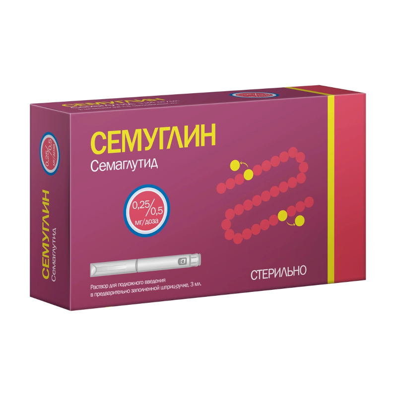 Изображение товара Раствор для инъекций Семуглин 0.25/0.5 мг, шприц-ручка 3 мл с иглами, препарат для лечения диабета