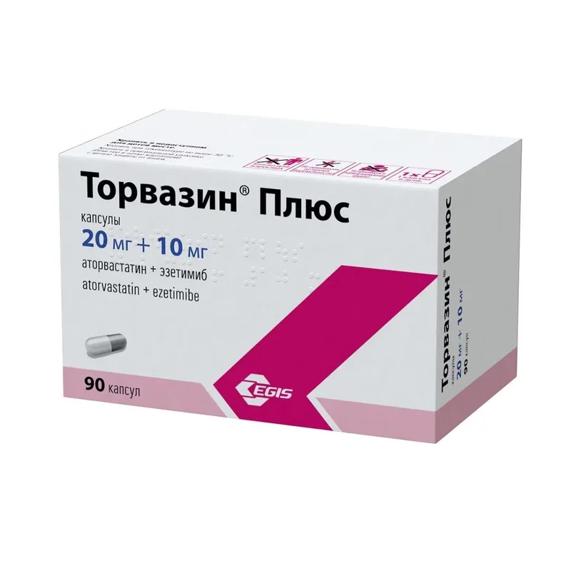 Изображение товара Торвазин Плюс капсулы 20 мг 10 мг 90 шт для снижения холестерина и профилактики сердечно-сосудистых