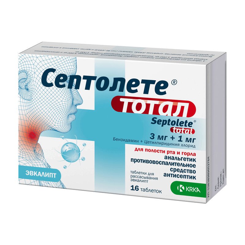 

Септолете Тотал таблетки для рассасывания 3 мг+1 мг 16 шт Эвкалипт
