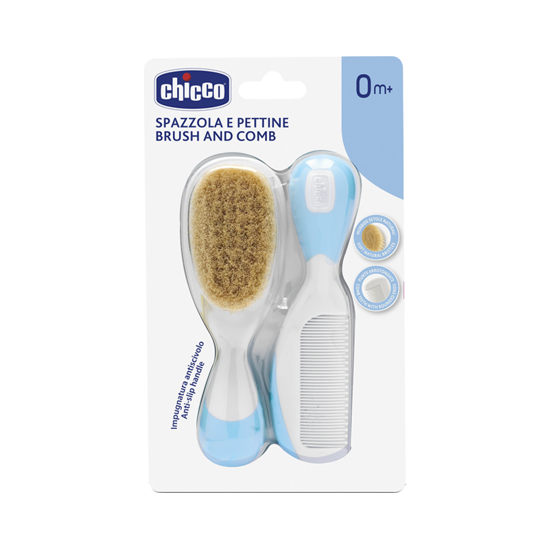 

Chicco Набор детский расческа+щетка натуральная щетина Голубой