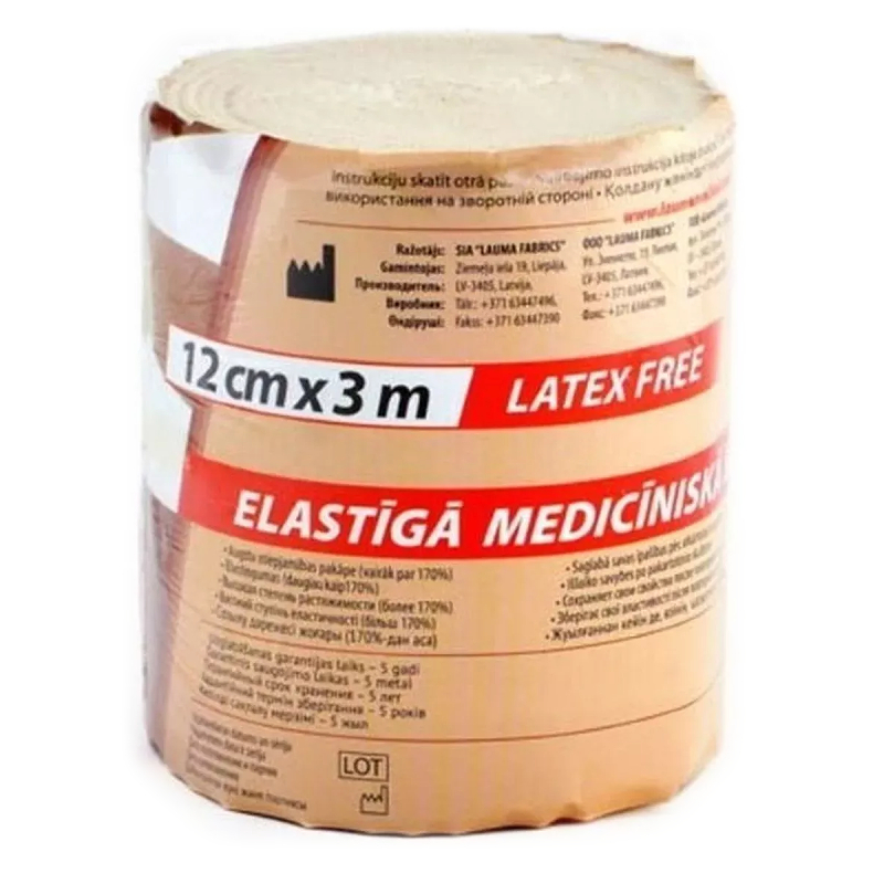 Изображение товара Эластичный медицинский бинт Lauma 12 см x 3 м, гипоаллергенный, фиксатор