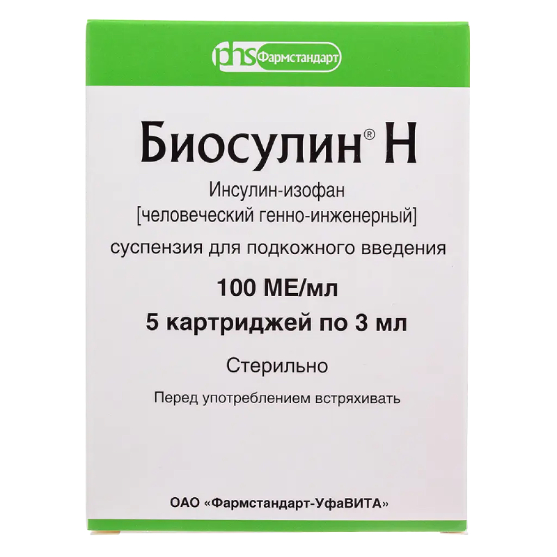 Изображение товара Биосулин Н 100 МЕ/мл суспензия для подкожного введения 3 мл, 5 шт — инсулин человеческий короткого 