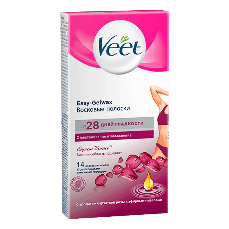 Veet Суприм Эссенс Полоски восковые д/зоны бикини Бархатная Роза 14 шт