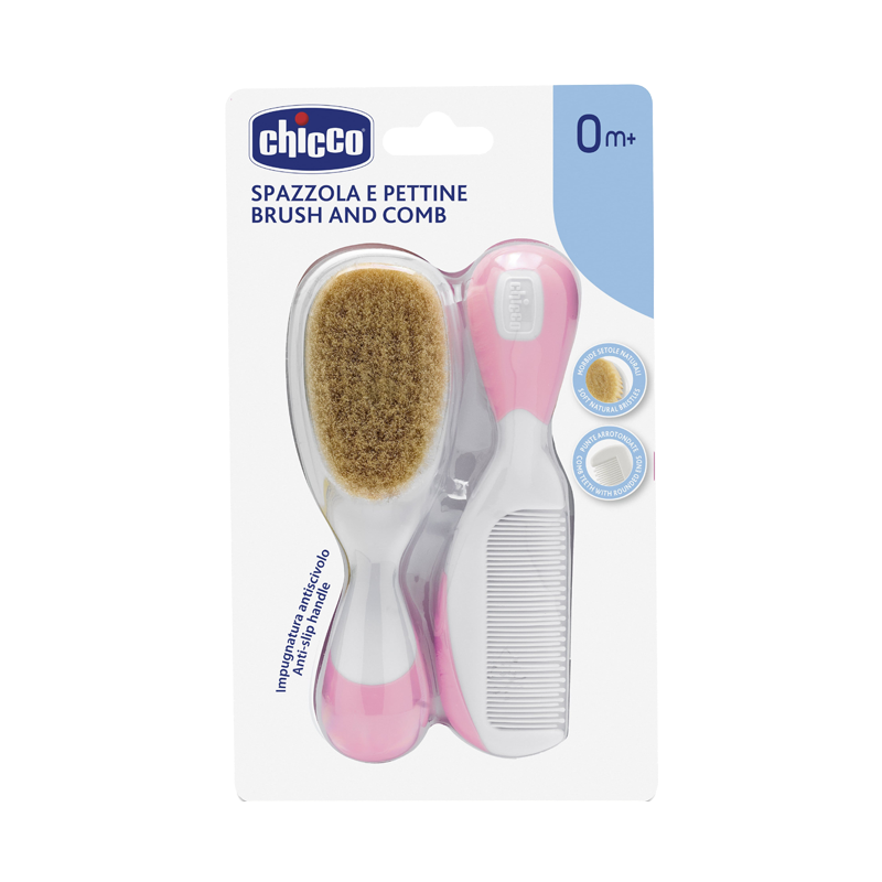 

Chicco Набор детский расческа+щетка натуральная щетина Розовый