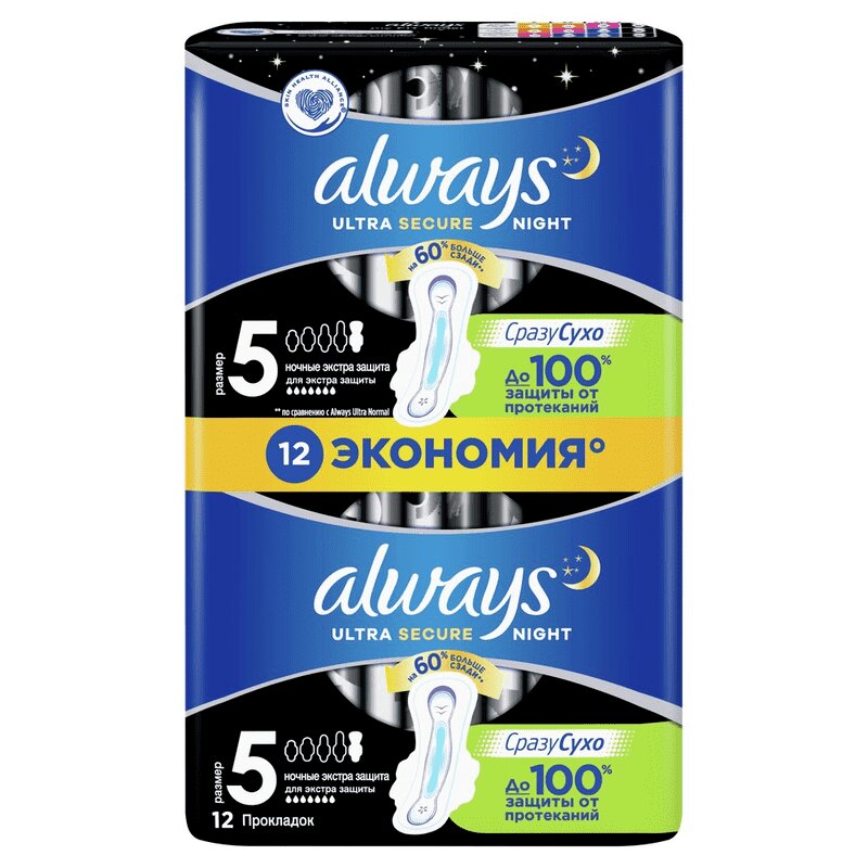 Always Ультра Найт Дуо экстра защита Прокладки 12 шт технологии и собственность