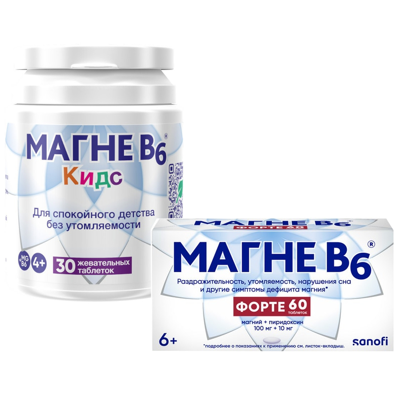Изображение товара Набор Магне В6 Форте таблетки 60 шт + Магне В6 Кидс таблетки жевательные для детей 30 шт